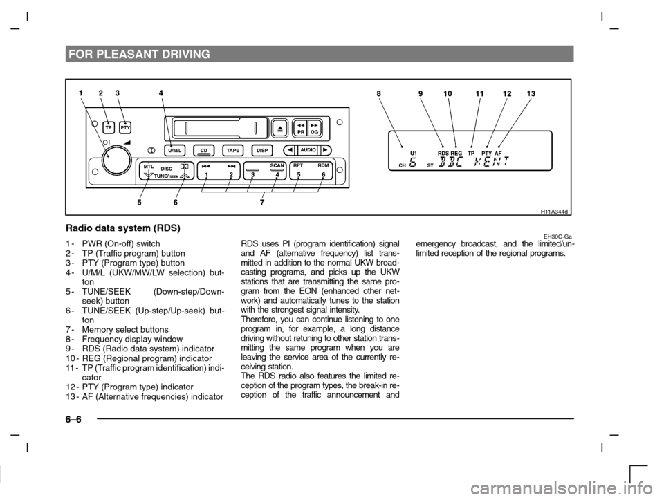 MITSUBISHI CARISMA 2000 1.G Owners Manual FOR PLEASANT DRIVING
6–6
H11A344d
Radio data system (RDS)EH30C-Ga1-PWR (On-off) switch
2-TP (Traffic program) button
3-PTY (Program type) button
4-U/M/L (UKW/MW/LW selection) but-
ton
5-TUNE/SEEK (D