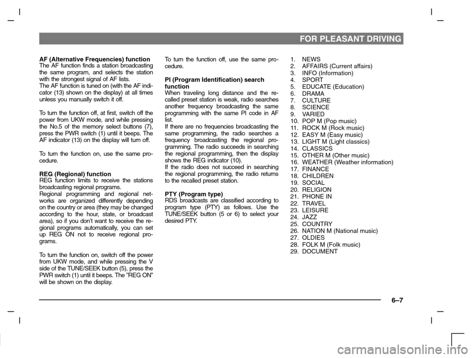 MITSUBISHI CARISMA 2000 1.G Owners Manual FOR PLEASANT DRIVING
6–7
AF (Alternative Frequencies) functionThe AF function finds a station broadcasting
the same program, and selects the station
with the strongest signal of AF lists.
The AF fun MITSUBISHI CARISMA 2000 1.G Owners Manual FOR PLEASANT DRIVING
6–7
AF (Alternative Frequencies) functionThe AF function finds a station broadcasting
the same program, and selects the station
with the strongest signal of AF lists.
The AF fun