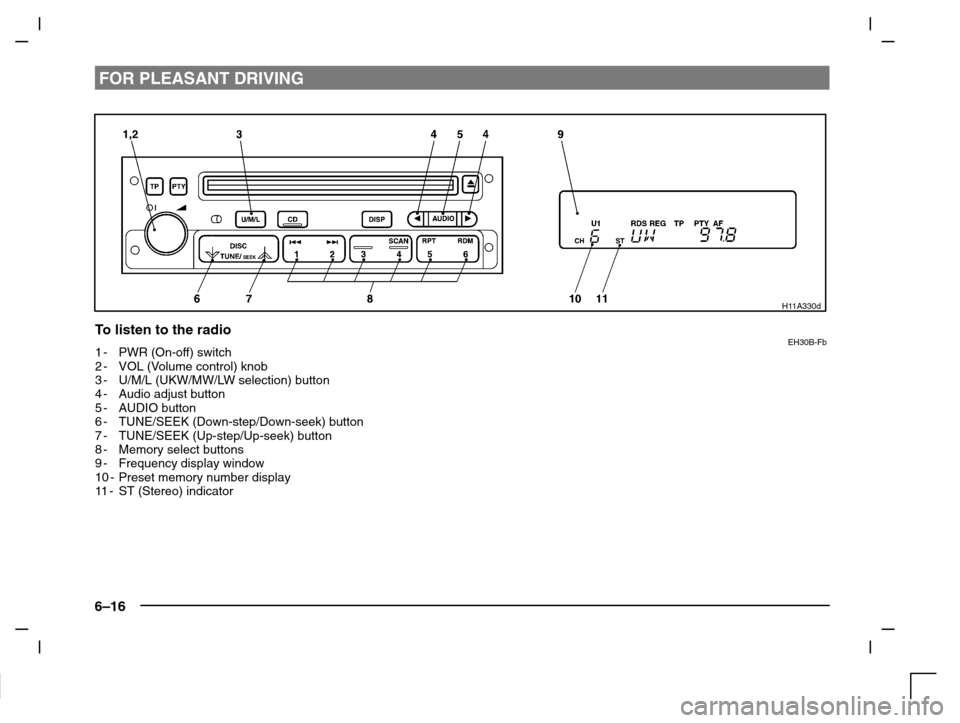 MITSUBISHI CARISMA 2000 1.G User Guide FOR PLEASANT DRIVING
6–16
H11A330d
To listen to the radioEH30B-Fb1-PWR (On-off) switch
2-VOL (Volume control) knob
3-U/M/L (UKW/MW/LW selection) button
4-Audio adjust button
5-AUDIO button
6-TUNE/SE