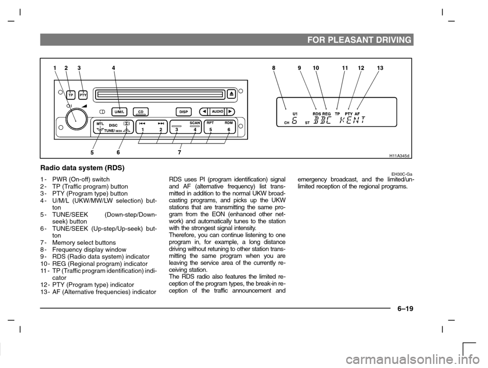 MITSUBISHI CARISMA 2000 1.G Owners Manual FOR PLEASANT DRIVING
6–19
H11A345d
Radio data system (RDS)EH30C-Ga1-PWR (On-off) switch
2-TP (Traffic program) button
3-PTY (Program type) button
4-U/M/L (UKW/MW/LW selection) but-
ton
5-TUNE/SEEK (