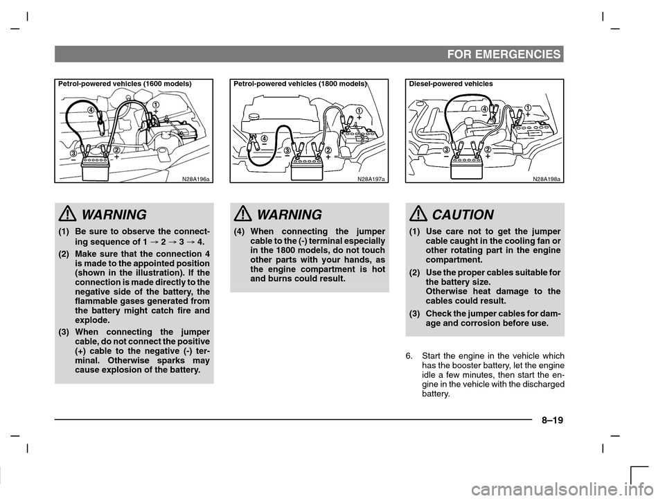 MITSUBISHI CARISMA 2000 1.G Owners Manual FOR EMERGENCIES
8–19
Petrol-powered vehicles (1600 models)
N28A196a
WARNING
(1) Be sure to observe the connect-
ing sequence of 1  2  3  4.
(2) Make sure that the connection 4
is made to the appo