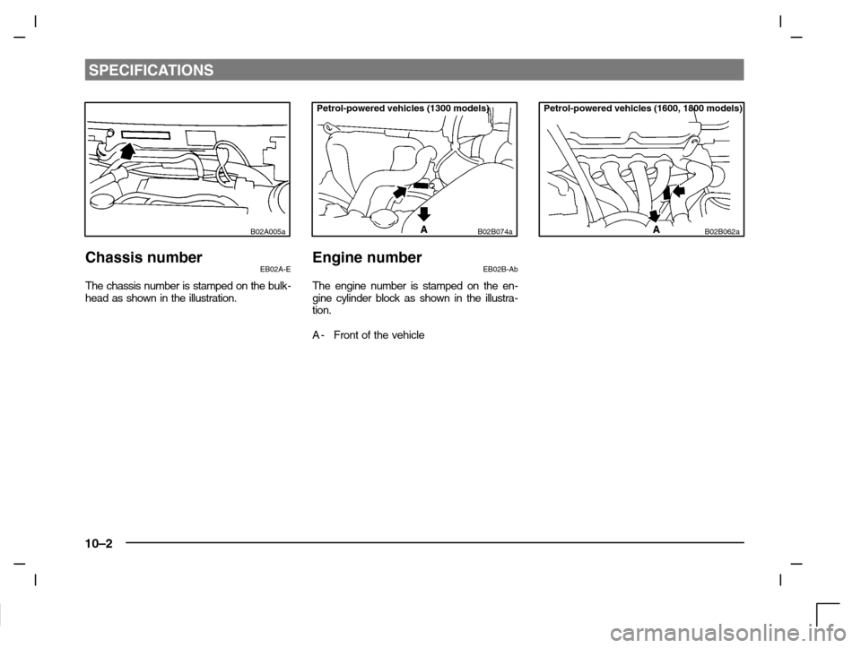 MITSUBISHI CARISMA 2000 1.G Manual Online SPECIFICATIONS
10–2
B02A005a
Chassis numberEB02A-E
The chassis number is stamped on the bulk-
head as shown in the illustration.
Petrol-powered vehicles (1300 models)
B02B074a
Engine numberEB02B-Ab
