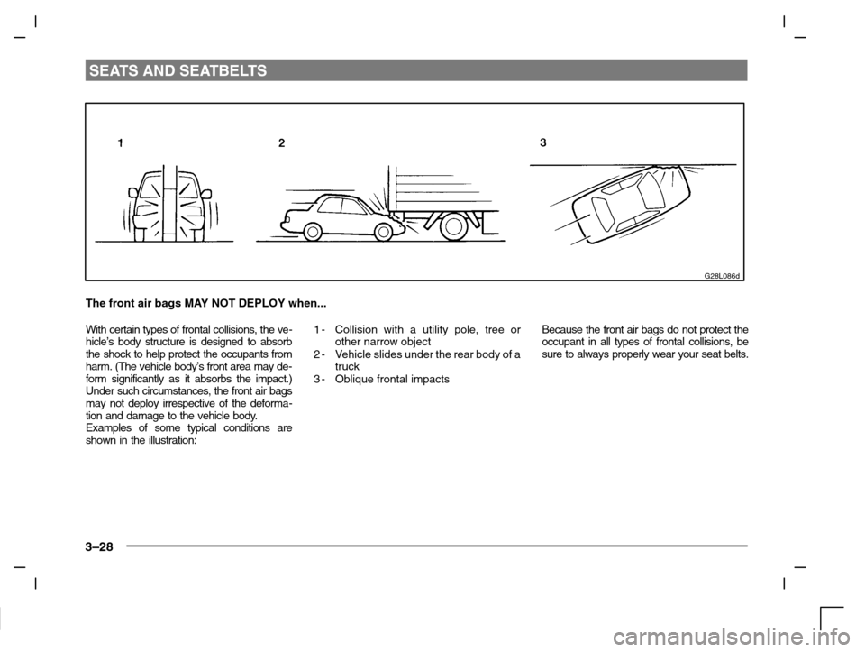 MITSUBISHI CARISMA 2000 1.G Owners Manual SEATS AND SEATBELTS
3–28
G28L086d
The front air bags MAY NOT DEPLOY when...
With certain types of frontal collisions, the ve-
hicle’s body structure is designed to absorb
the shock to help protect