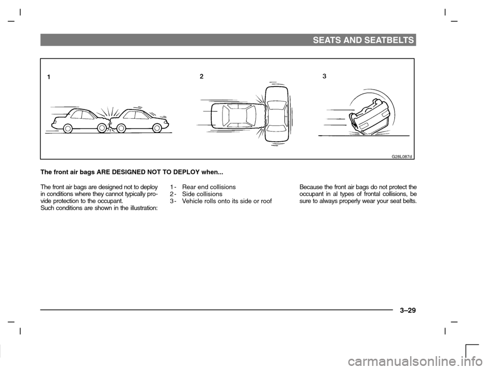 MITSUBISHI CARISMA 2000 1.G Workshop Manual SEATS AND SEATBELTS
3–29
G28L087d
The front air bags ARE DESIGNED NOT TO DEPLOY when...
The front air bags are designed not to deploy
in conditions where they cannot typically pro-
vide protection t MITSUBISHI CARISMA 2000 1.G Workshop Manual SEATS AND SEATBELTS
3–29
G28L087d
The front air bags ARE DESIGNED NOT TO DEPLOY when...
The front air bags are designed not to deploy
in conditions where they cannot typically pro-
vide protection t