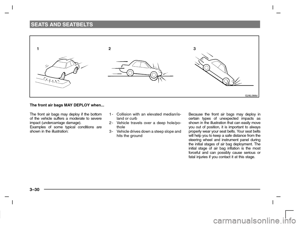 MITSUBISHI CARISMA 2000 1.G Workshop Manual SEATS AND SEATBELTS
3–30
G28L088d
The front air bags MAY DEPLOY when...
The front air bags may deploy if the bottom
of the vehicle suffers a moderate to severe
impact (undercarriage damage).
Example
