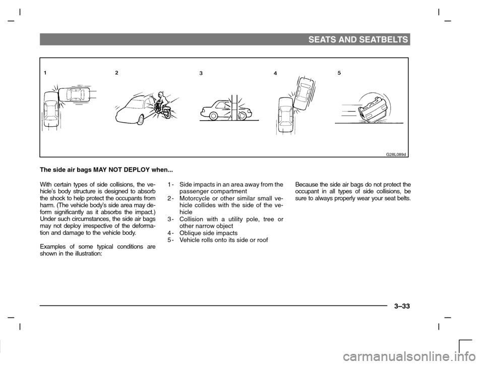 MITSUBISHI CARISMA 2000 1.G Repair Manual SEATS AND SEATBELTS
3–33
G28L089d
The side air bags MAY NOT DEPLOY when...
With certain types of side collisions, the ve-
hicle’s body structure is designed to absorb
the shock to help protect the