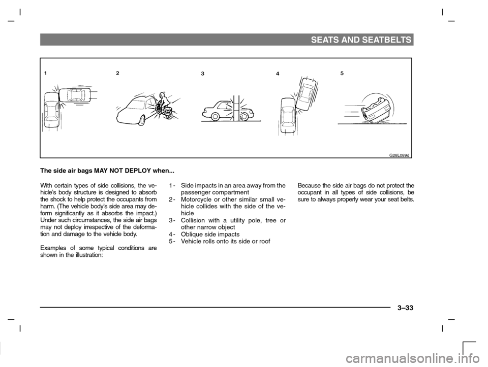 MITSUBISHI CARISMA 2000 1.G Owners Manual SEATS AND SEATBELTS
3–33
G28L089d
The side air bags MAY NOT DEPLOY when...
With certain types of side collisions, the ve-
hicle’s body structure is designed to absorb
the shock to help protect the