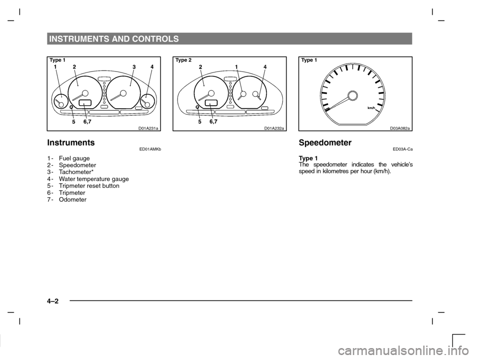 MITSUBISHI CARISMA 2000 1.G Repair Manual INSTRUMENTS AND CONTROLS
4–2
Type 1
D01A231a
InstrumentsED01AMKb
1-Fuel gauge
2-Speedometer
3-Tachometer*
4-Water temperature gauge
5-Tripmeter reset button
6-Tripmeter
7-Odometer
Type 2
D01A232a
Ty