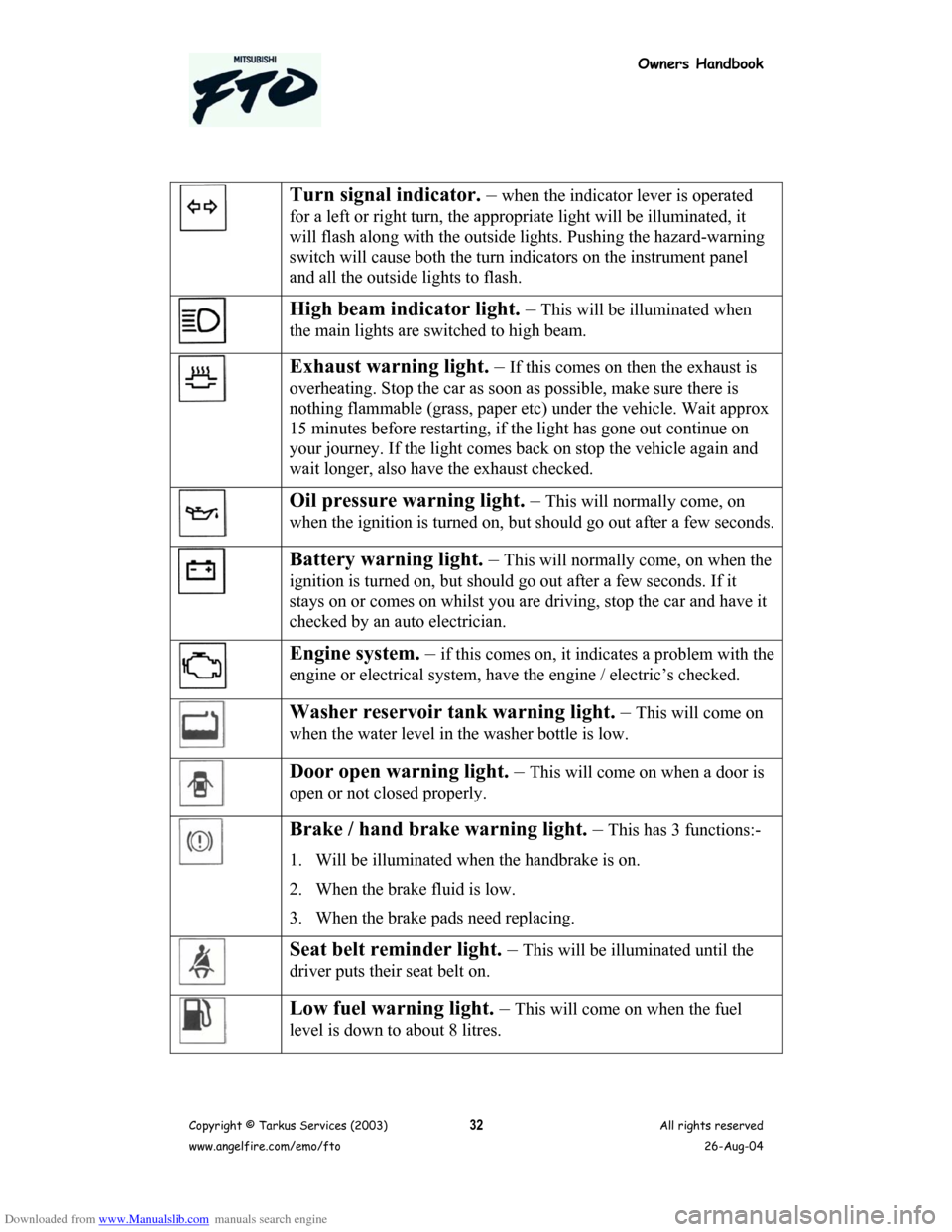 MITSUBISHI FTO 2003 1.G Owners Handbook Downloaded from www.Manualslib.com manuals search engine Owners Handbook
Copyright © Tarkus Services (2003)
www.angelfire.com/emo/ftoAll rights reserved
26-Aug-0432
Turn signal indicator. – when th