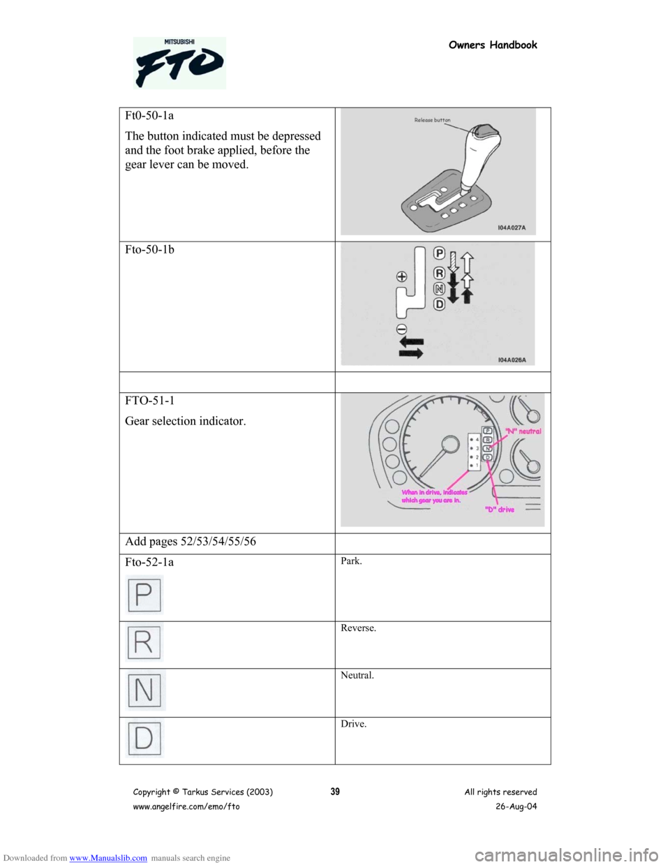 MITSUBISHI FTO 2003 1.G Owners Handbook Downloaded from www.Manualslib.com manuals search engine Owners Handbook
Copyright © Tarkus Services (2003)
www.angelfire.com/emo/ftoAll rights reserved
26-Aug-0439
Ft0-50-1a
The button indicated mus