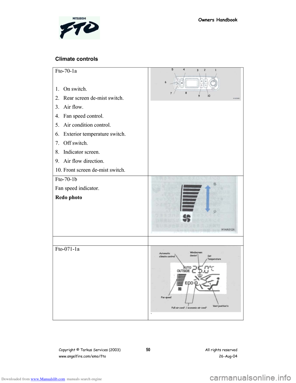 MITSUBISHI FTO 2003 1.G Owners Handbook Downloaded from www.Manualslib.com manuals search engine Owners Handbook
Copyright © Tarkus Services (2003)
www.angelfire.com/emo/ftoAll rights reserved
26-Aug-0450
Climate controls
Fto-70-1a
1. On s MITSUBISHI FTO 2003 1.G Owners Handbook Downloaded from www.Manualslib.com manuals search engine Owners Handbook
Copyright © Tarkus Services (2003)
www.angelfire.com/emo/ftoAll rights reserved
26-Aug-0450
Climate controls
Fto-70-1a
1. On s