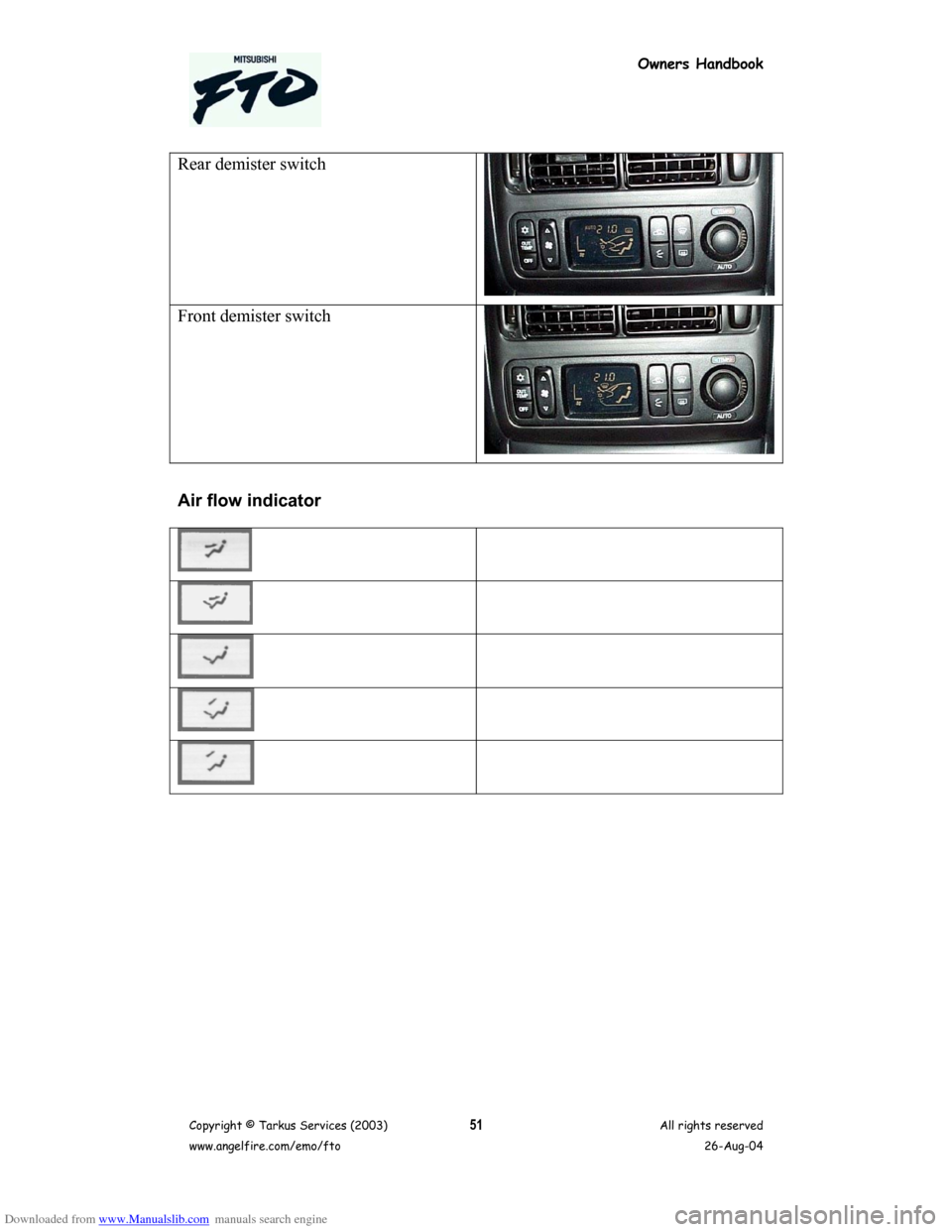 MITSUBISHI FTO 2003 1.G Owners Handbook Downloaded from www.Manualslib.com manuals search engine Owners Handbook
Copyright © Tarkus Services (2003)
www.angelfire.com/emo/ftoAll rights reserved
26-Aug-0451
Rear demister switch
Front demiste MITSUBISHI FTO 2003 1.G Owners Handbook Downloaded from www.Manualslib.com manuals search engine Owners Handbook
Copyright © Tarkus Services (2003)
www.angelfire.com/emo/ftoAll rights reserved
26-Aug-0451
Rear demister switch
Front demiste