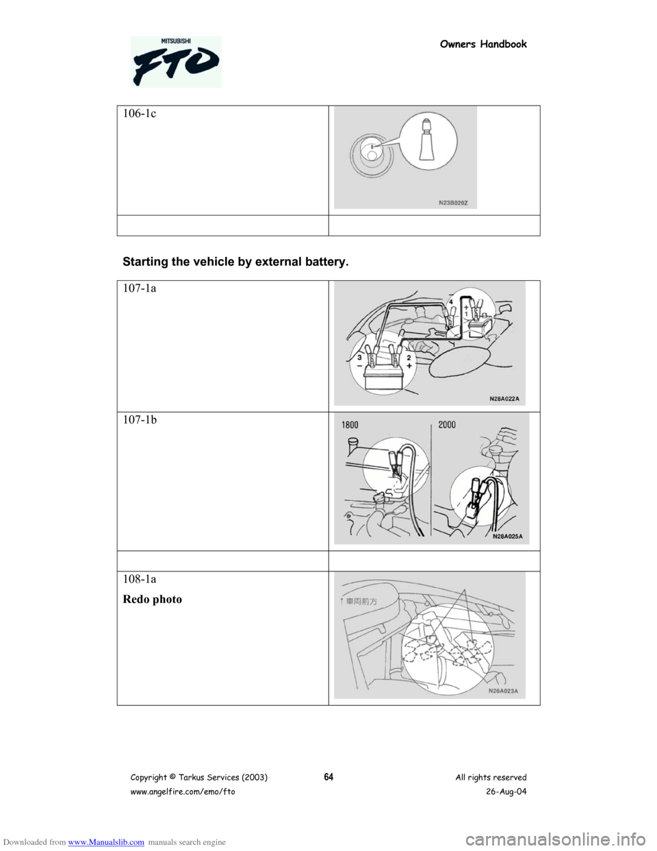 MITSUBISHI FTO 2003 1.G Owners Handbook Downloaded from www.Manualslib.com manuals search engine Owners Handbook
Copyright © Tarkus Services (2003)
www.angelfire.com/emo/ftoAll rights reserved
26-Aug-0464
106-1c
Starting the vehicle by ext