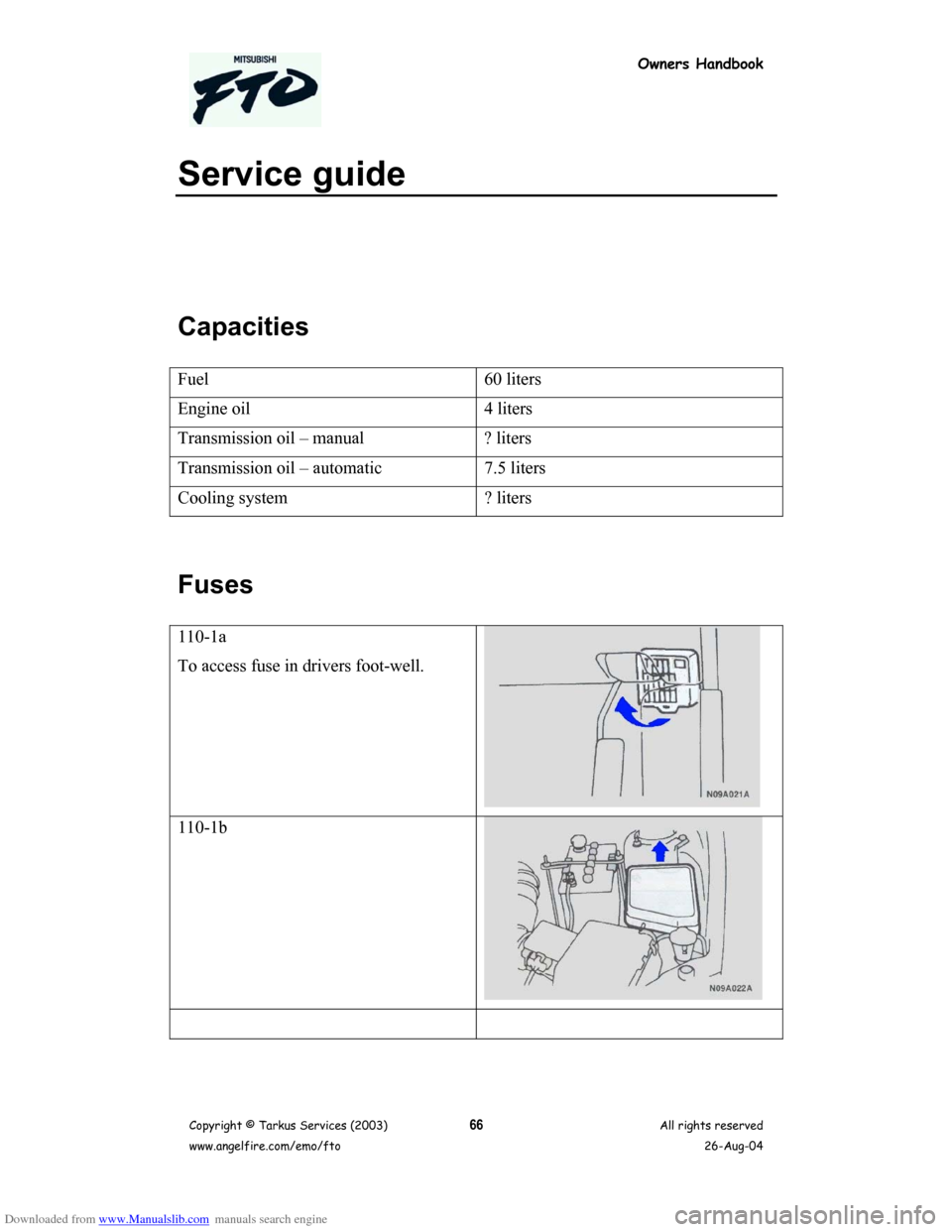 MITSUBISHI FTO 2003 1.G Owners Handbook Downloaded from www.Manualslib.com manuals search engine Owners Handbook
Copyright © Tarkus Services (2003)
www.angelfire.com/emo/ftoAll rights reserved
26-Aug-0466
Service guide
Capacities
Fuel 60 l