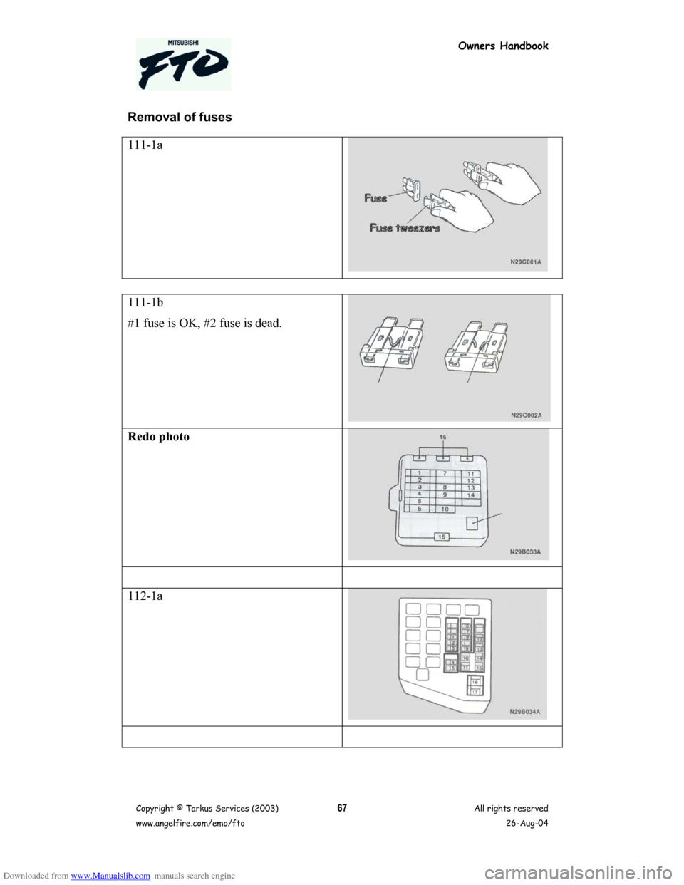 MITSUBISHI FTO 2003 1.G Owners Handbook Downloaded from www.Manualslib.com manuals search engine Owners Handbook
Copyright © Tarkus Services (2003)
www.angelfire.com/emo/ftoAll rights reserved
26-Aug-0467
Removal of fuses
111-1a
111-1b
#1 