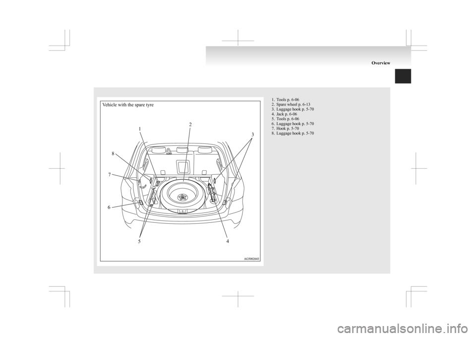 MITSUBISHI ASX 2009 1.G User Guide Vehicle with the spare tyre1 2
3
4
5
6
7
8 1. Tools p. 6-06
2.
Spare wheel p. 6-13
3. Luggage hook p. 5-70
4. Jack p. 6-06
5. Tools p. 6-06
6. Luggage hook p. 5-70
7. Hook p. 5-70
8. Luggage hook p. 5