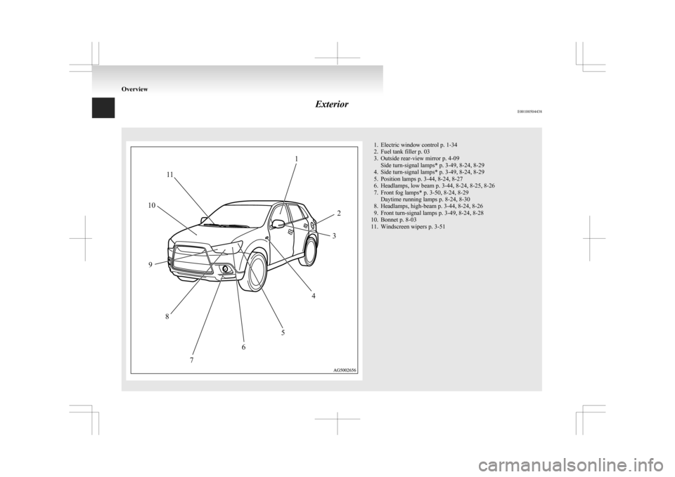 MITSUBISHI ASX 2009 1.G Owners Manual Exterior
E00100504438 1. Electric window control p. 1-34
2.
Fuel tank filler p. 03
3. Outside rear-view mirror p. 4-09 Side turn-signal lamps* p. 3-49, 8-24, 8-29
4. Side turn-signal lamps* p. 3-49, 8