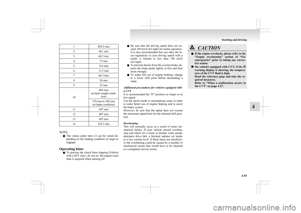 MITSUBISHI ASX 2009 1.G Owners Manual 1
830.5 mm
2 461 mm
3 68.5 mm
4 75 mm
5 310 mm
6 13.5 mm
7 66.5 mm
8 50 mm
9 52 mm
10 464 mm
(at kerb weight condi- tion)
370 mm to 384 mm (at laden condition)
11 447 mm
12 487 mm
13 495 mm
14 525.5 m
