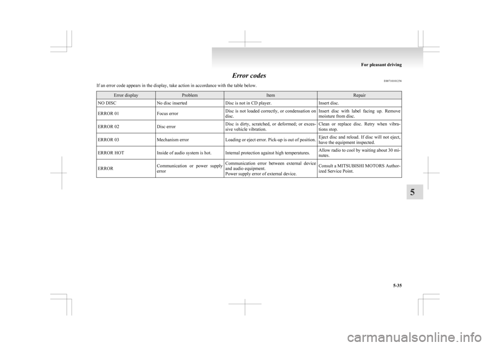 MITSUBISHI ASX 2009 1.G Owners Manual Error codes
E00710101256
If an error code appears in the display, take action in accordance with the table below. Error display Problem Item Repair
NO DISC No disc inserted Disc is not in CD player. I