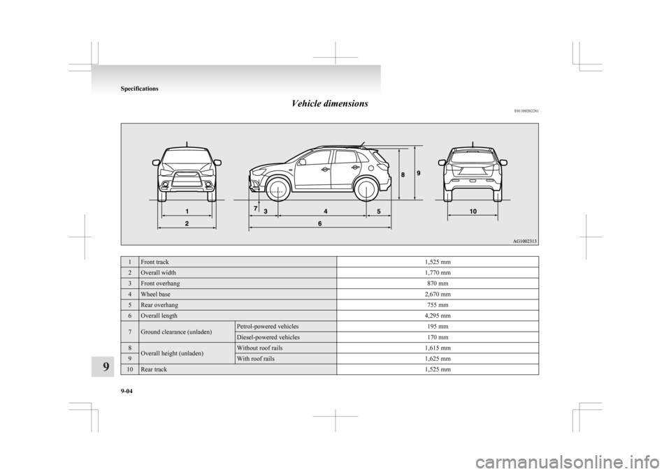 MITSUBISHI ASX 2009 1.G Repair Manual Vehicle dimensions
E011002022811 Front track
1,525 mm2 Overall width
1,770 mm3 Front overhang
870 mm4 Wheel base
2,670 mm5 Rear overhang
755 mm6 Overall length
4,295 mm7 Ground clearance (unladen) Pet