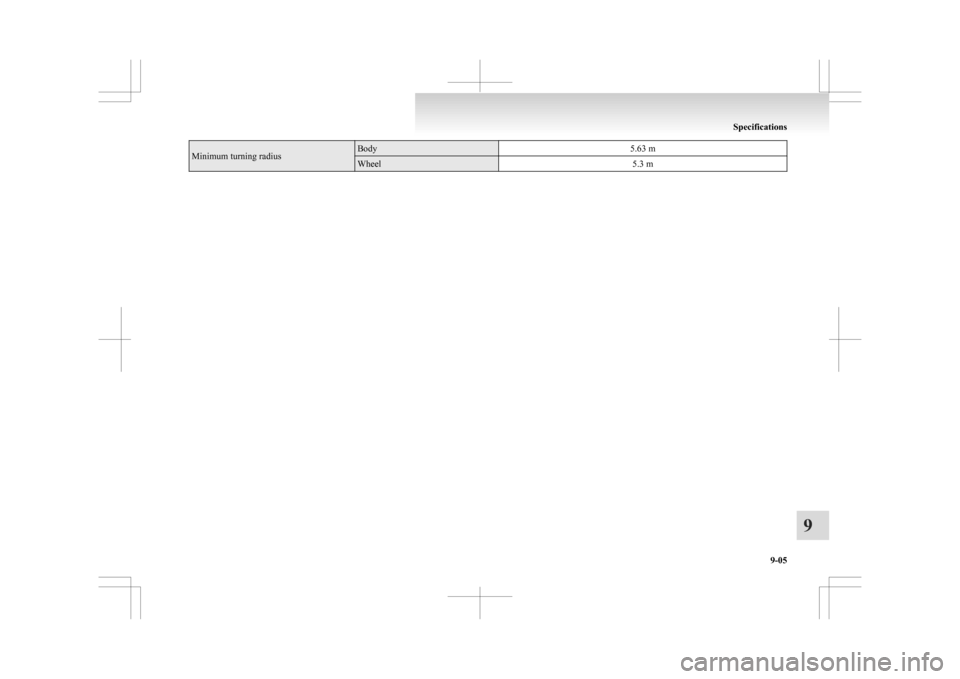 MITSUBISHI ASX 2009 1.G Repair Manual Minimum turning radius Body
5.63 mWheel
5.3 m Specifications
9-05 9 