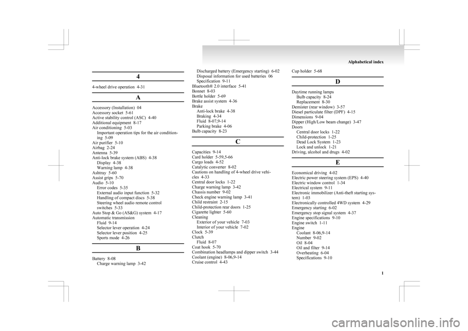 MITSUBISHI ASX 2009 1.G Owners Guide 4
4-wheel drive operation  4-31
AAccessory (Installation)  04
Accessory socket  5-61
Active stability control (ASC)
  4-40
Additional equipment  8-17
Air conditioning  5-03 Important operation tips fo