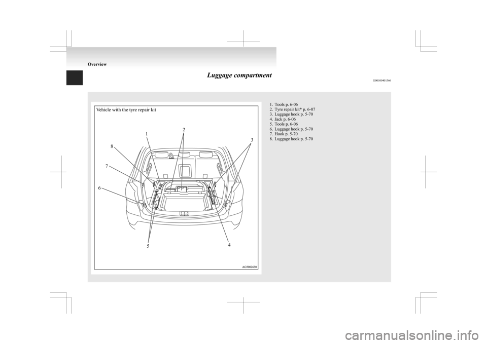 MITSUBISHI ASX 2009 1.G Owners Manual Luggage compartment
E00100401566Vehicle with the tyre repair kit
12
3
4
5
6
7
8 1. Tools p. 6-06
2.
Tyre repair kit* p. 6-07
3. Luggage hook p. 5-70
4. Jack p. 6-06
5. Tools p. 6-06
6. Luggage hook p.