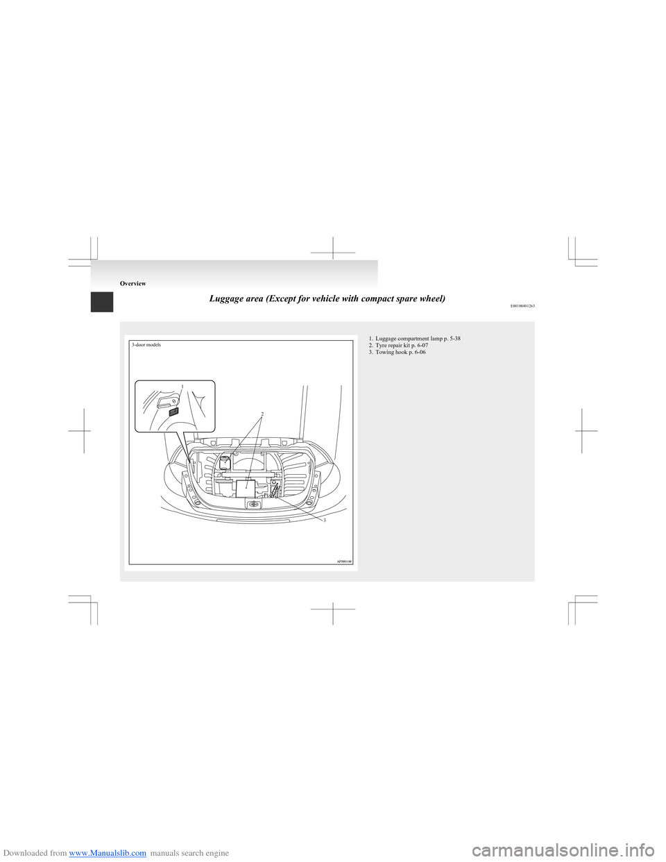 MITSUBISHI COLT 2009 10.G User Guide Downloaded from www.Manualslib.com manuals search engine Luggage area (Except for vehicle with compact spare wheel)E00100401263
3-door models1231. Luggage compartment lamp p. 5-38
2. Tyre repair kit p