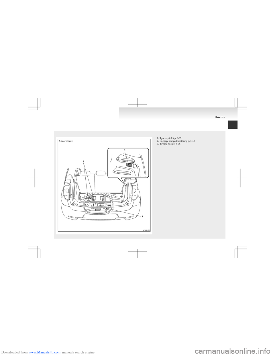 MITSUBISHI COLT 2009 10.G Owners Manual Downloaded from www.Manualslib.com manuals search engine 5-door models1231. Tyre repair kit p. 6-07
2. Luggage compartment lamp p. 5-38
3. Towing hook p. 6-06
Overview  