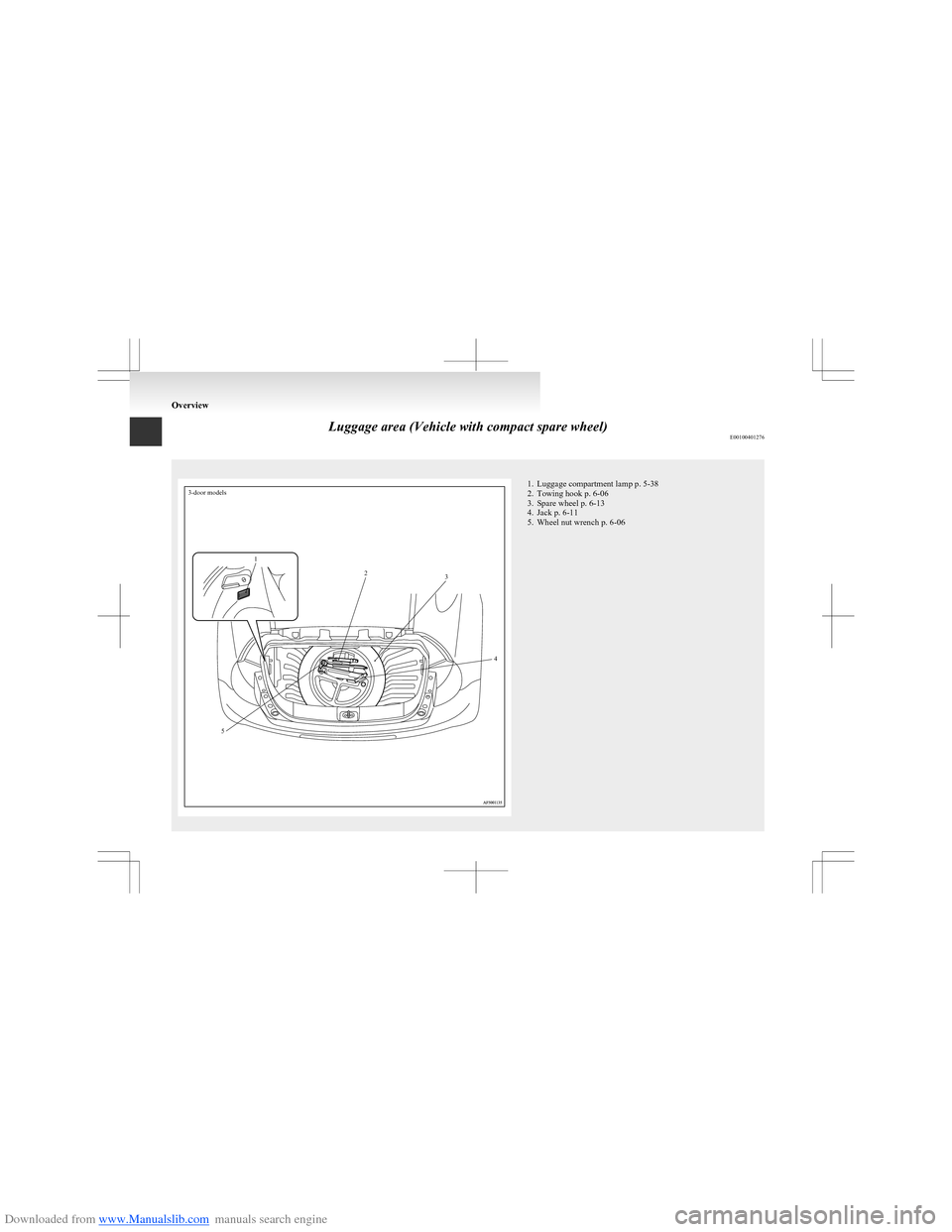 MITSUBISHI COLT 2009 10.G User Guide Downloaded from www.Manualslib.com manuals search engine Luggage area (Vehicle with compact spare wheel)E00100401276
3-door models123451. Luggage compartment lamp p. 5-38
2. Towing hook p. 6-06
3. Spa