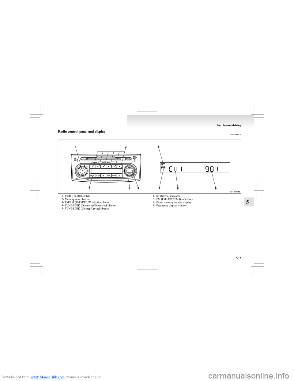 MITSUBISHI COLT 2009 10.G User Guide Downloaded from www.Manualslib.com manuals search engine Radio control panel and displayE007089009311- PWR (On-Off) switch
2- Memory select buttons
3- FM/AM (FM/MW/LW selection) button
4- TUNE/SEEK (D