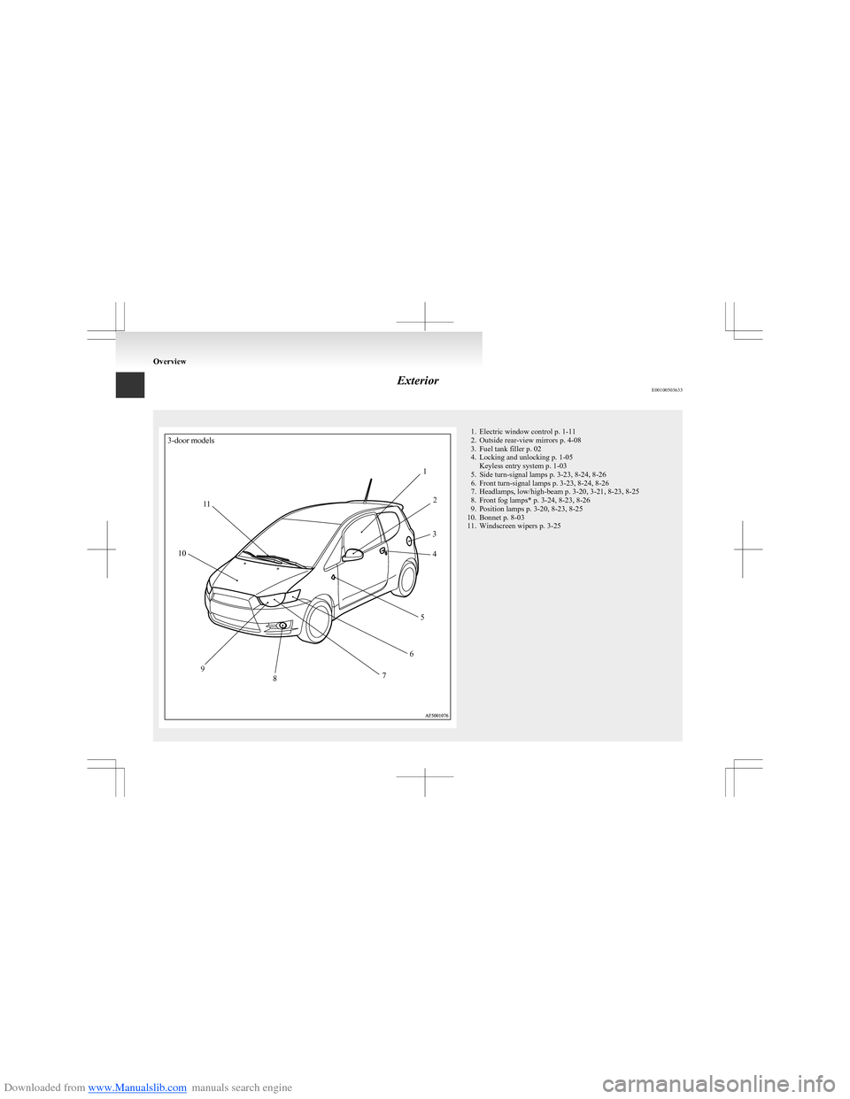 MITSUBISHI COLT 2009 10.G Owners Manual Downloaded from www.Manualslib.com manuals search engine ExteriorE00100503633
3-door models12345678910111. Electric window control p. 1-11
2. Outside rear-view mirrors p. 4-08
3. Fuel tank filler p. 0