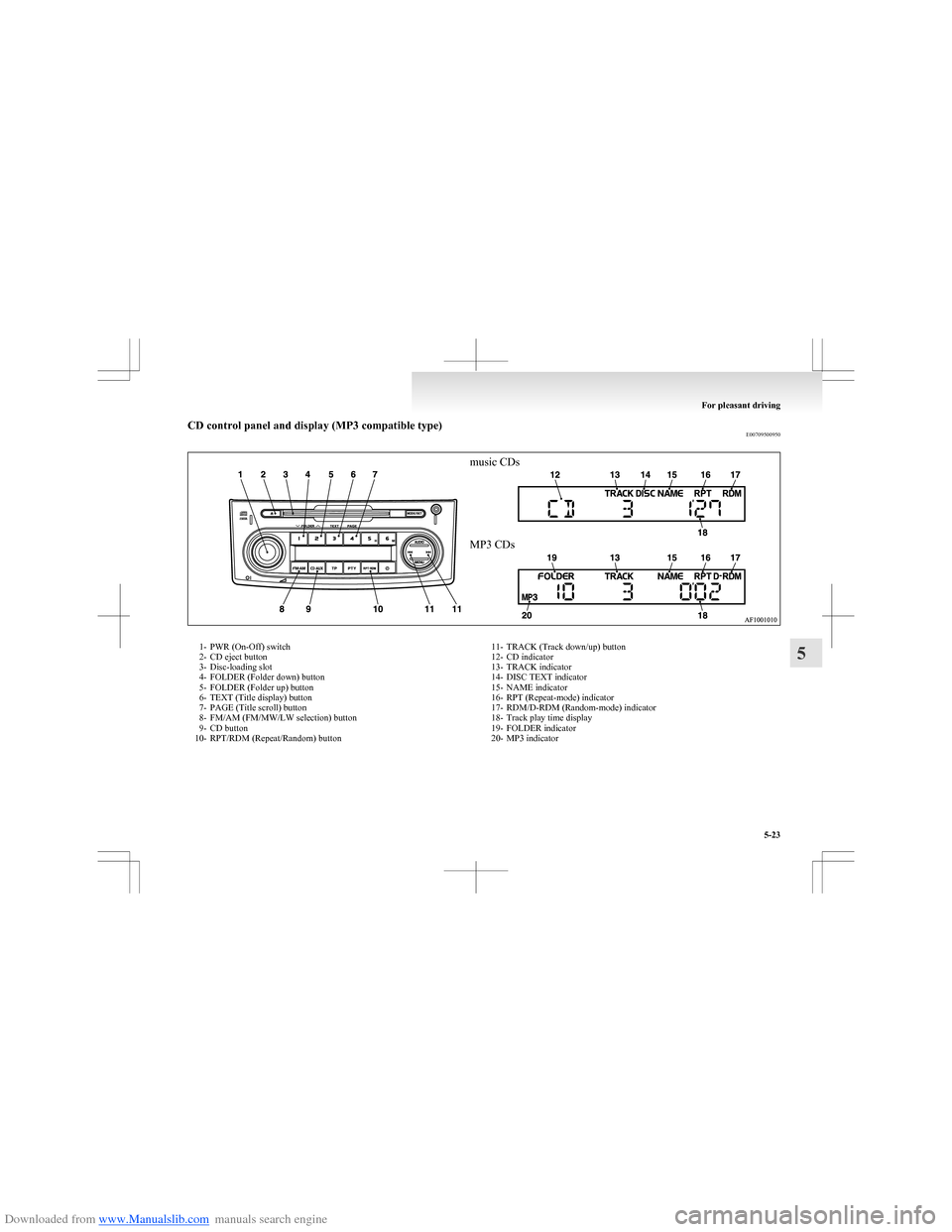 MITSUBISHI COLT 2009 10.G Service Manual Downloaded from www.Manualslib.com manuals search engine CD control panel and display (MP3 compatible type)E00709500950music CDsMP3 CDs1- PWR (On-Off) switch
2- CD eject button
3- Disc-loading slot
4-