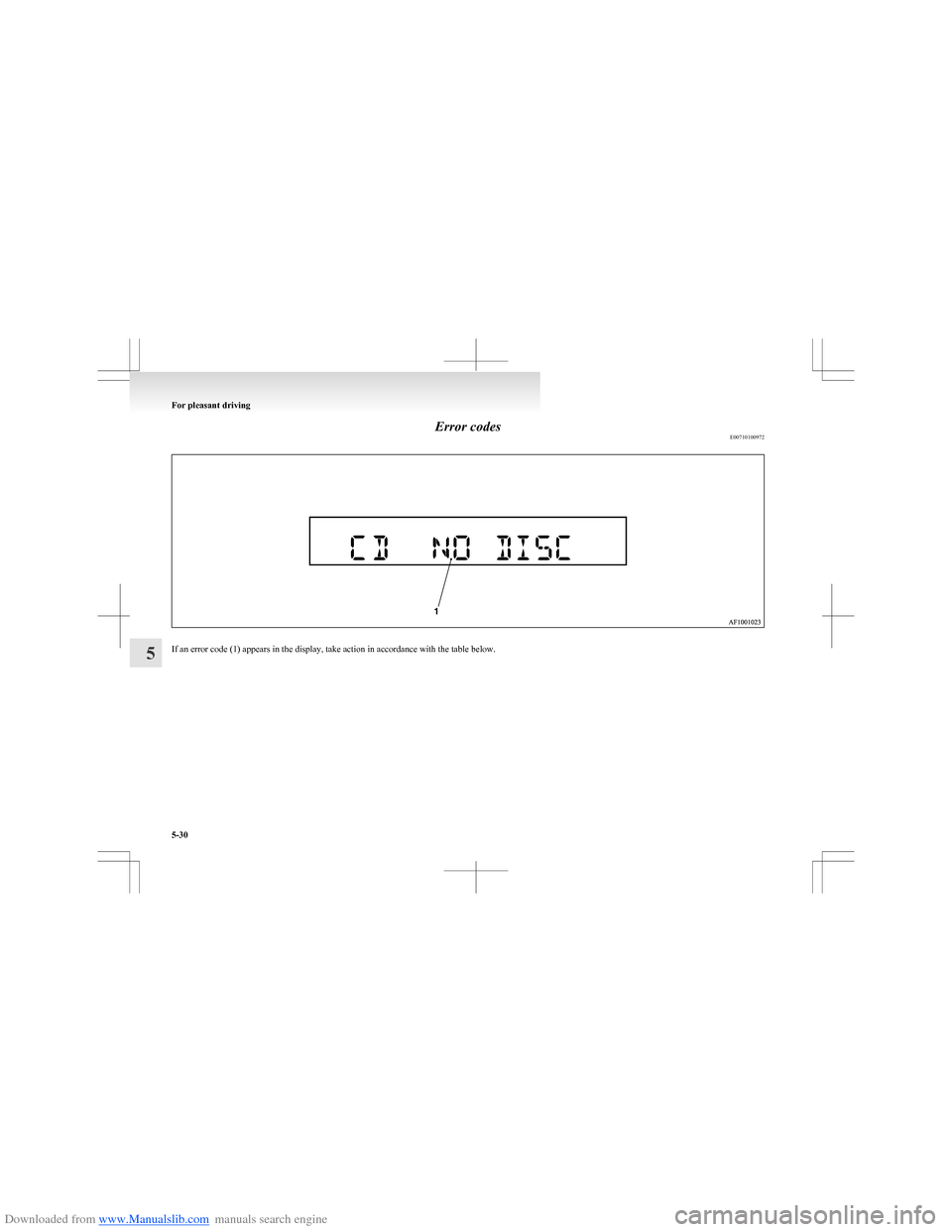 MITSUBISHI COLT 2009 10.G Owners Manual Downloaded from www.Manualslib.com manuals search engine Error codesE00710100972
If an error code (1) appears in the display, take action in accordance with the table below.
For pleasant driving
5-30
MITSUBISHI COLT 2009 10.G Owners Manual Downloaded from www.Manualslib.com manuals search engine Error codesE00710100972
If an error code (1) appears in the display, take action in accordance with the table below.
For pleasant driving
5-30