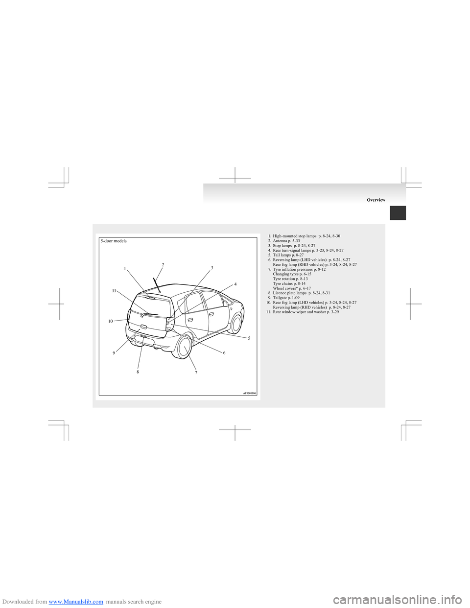 MITSUBISHI COLT 2009 10.G User Guide Downloaded from www.Manualslib.com manuals search engine 5-door models12345678910111. High-mounted stop lamps  p. 8-24, 8-30
2. Antenna p. 5-33
3. Stop lamps  p. 8-24, 8-27
4. Rear turn-signal lamps p