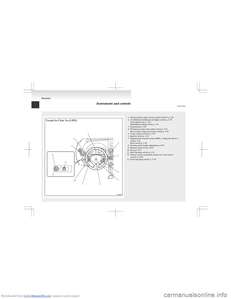 MITSUBISHI COLT 2009 10.G Owners Manual Downloaded from www.Manualslib.com manuals search engine Instruments and controlsE00100104085
Except for Clear Tec (LHD)123456789101213111. Steering wheel audio remote control switch* p. 5-28
2. Combi