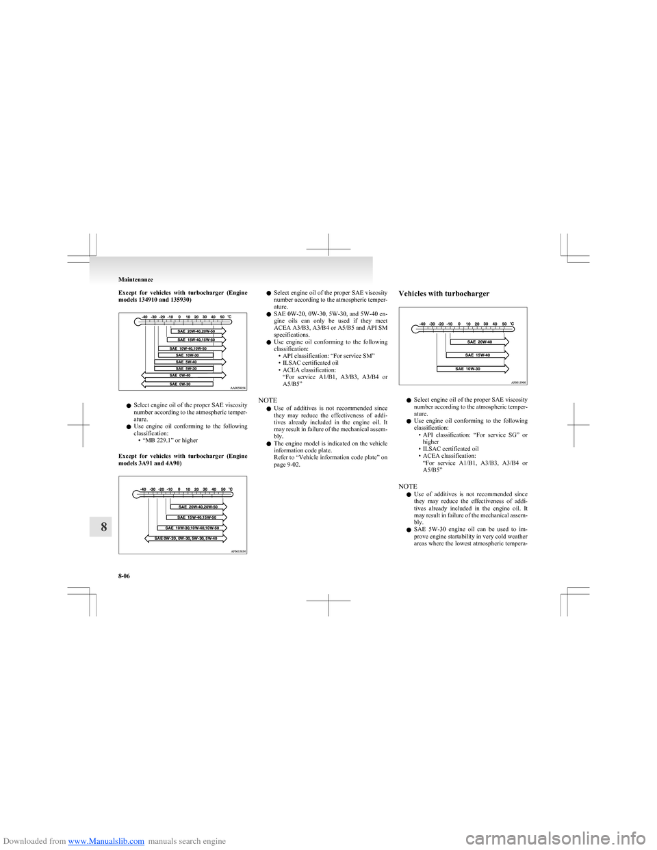 MITSUBISHI COLT 2009 10.G Owners Manual Downloaded from www.Manualslib.com manuals search engine Except  for  vehicles  with  turbocharger  (Engine
models 134910 and 135930)
l Select engine oil of the proper SAE viscosity
number according t