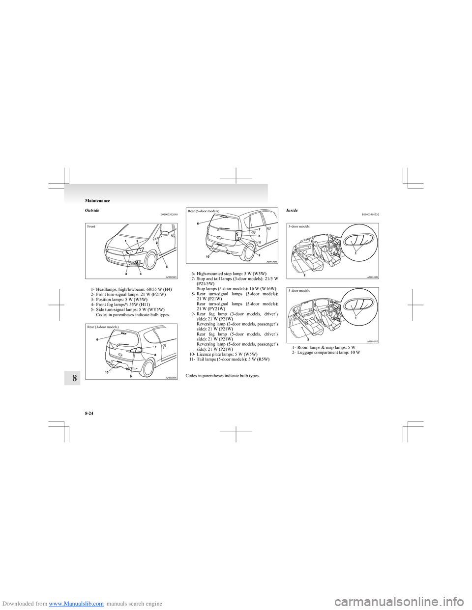 MITSUBISHI COLT 2009 10.G Owners Manual Downloaded from www.Manualslib.com manuals search engine OutsideE01003302048Front
1- Headlamps, high/lowbeam: 60/55 W (H4)
2- Front turn-signal lamps: 21 W (P21W)
3- Position lamps: 5 W (W5W)
4- Front MITSUBISHI COLT 2009 10.G Owners Manual Downloaded from www.Manualslib.com manuals search engine OutsideE01003302048Front
1- Headlamps, high/lowbeam: 60/55 W (H4)
2- Front turn-signal lamps: 21 W (P21W)
3- Position lamps: 5 W (W5W)
4- Front
