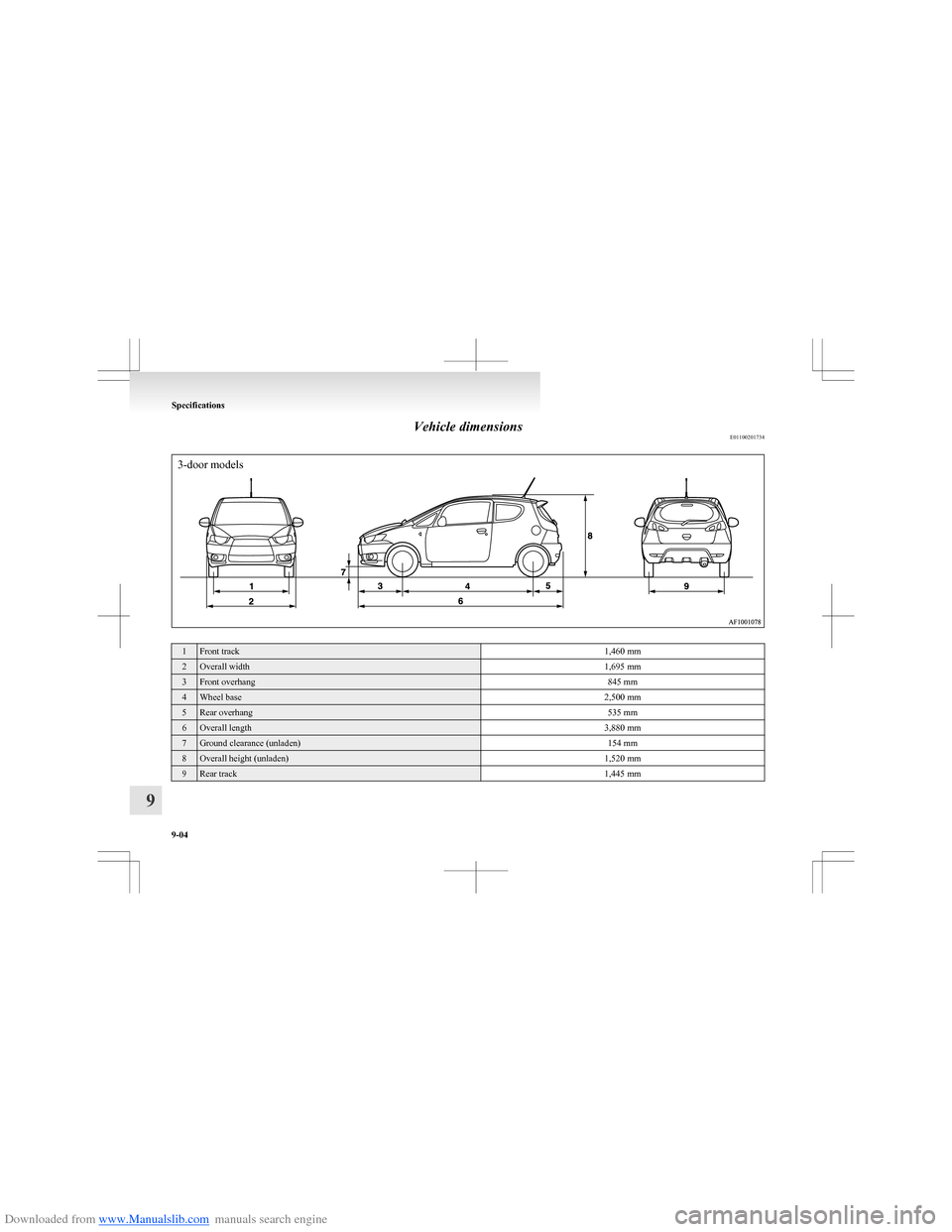 MITSUBISHI COLT 2009 10.G Owners Manual Downloaded from www.Manualslib.com manuals search engine Vehicle dimensionsE01100201734
3-door models1Front track1,460 mm2Overall width1,695 mm3Front overhang845 mm4Wheel base2,500 mm5Rear overhang535