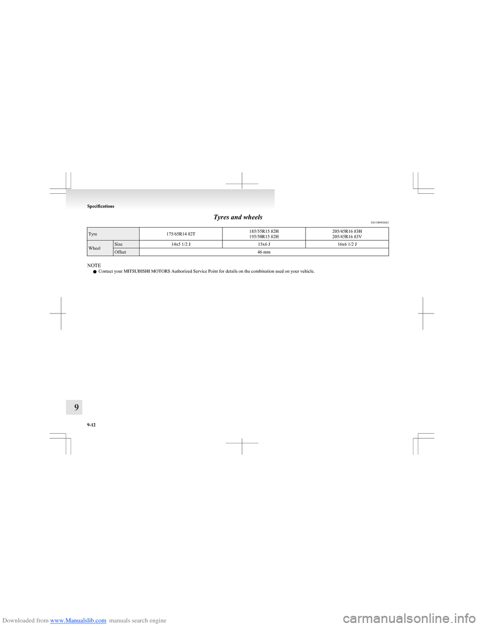 MITSUBISHI COLT 2009 10.G Owners Manual Downloaded from www.Manualslib.com manuals search engine Tyres and wheelsE01100902682Tyre175/65R14 82T185/55R15 82H
195/50R15 82H205/45R16 83H
205/45R16 83VWheelSize14x5 1/2 J15x6 J16x6 1/2 JOffset46 