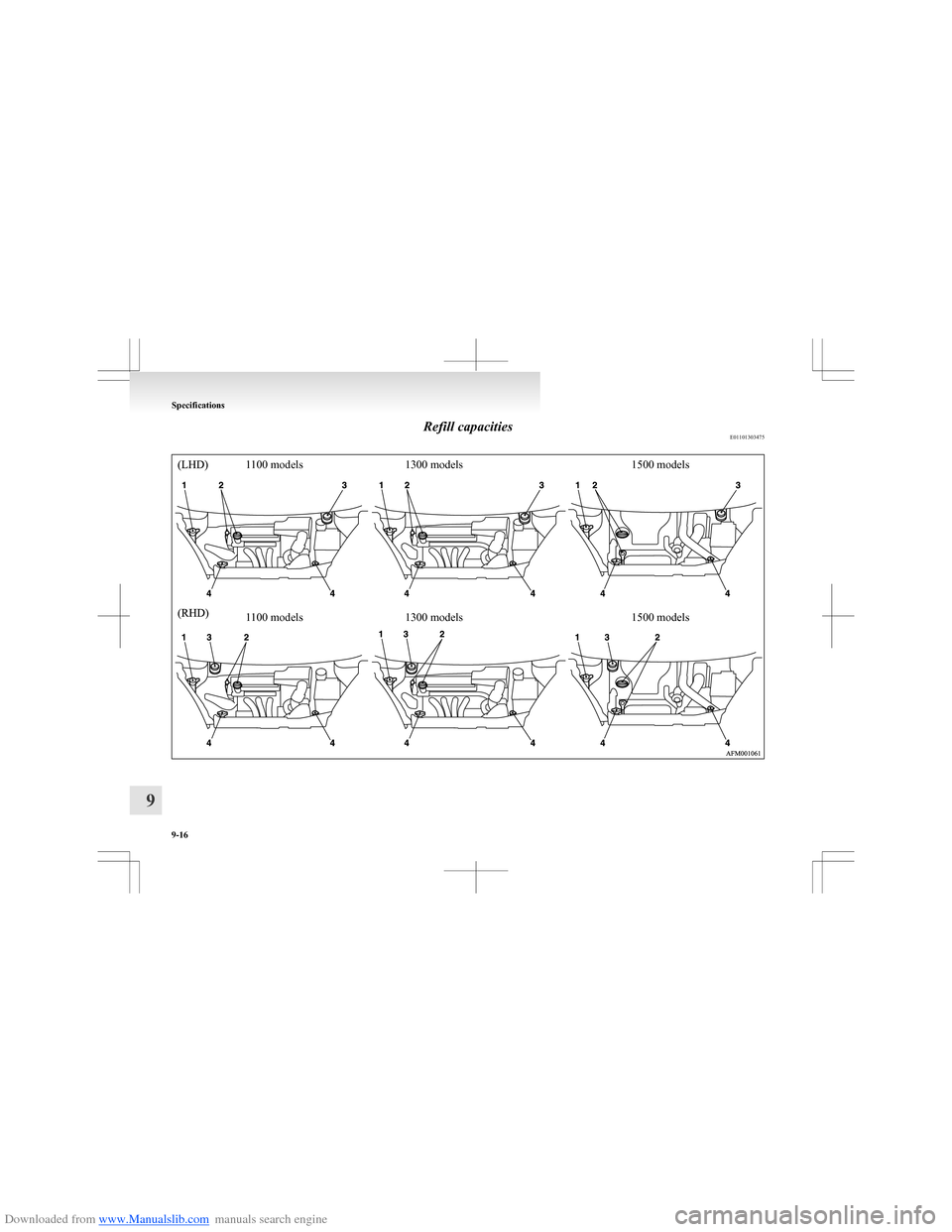 MITSUBISHI COLT 2009 10.G Owners Manual Downloaded from www.Manualslib.com manuals search engine Refill capacitiesE01101303475
1100 models1300 models1500 models1100 models1300 models1500 models
 
 
Specifications
9-16
9  