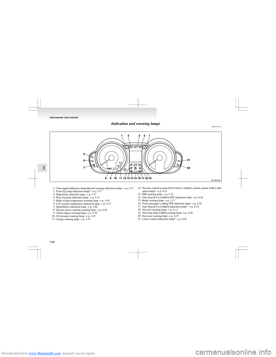 MITSUBISHI COLT 2009 10.G Owners Manual Downloaded from www.Manualslib.com manuals search engine Indication and warning lampsE005015017311-Turn-signal indication lamps/Hazard warning indication lamps  ® p. 3-17
2. Front fog lamp indication