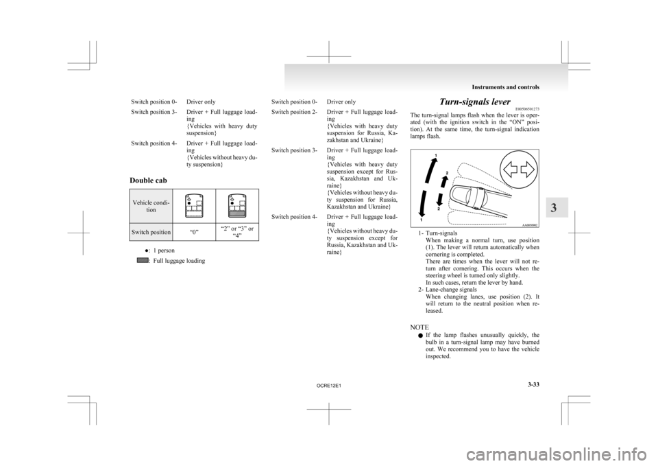 MITSUBISHI L200 2010 4.G Owners Manual Switch position 0- Driver only
Switch position 3- Driver + Full luggage load-
ing
{Vehicles
with heavy duty
suspension}
Switch position 4- Driver + Full luggage load- ing
{Vehicles
withou MITSUBISHI L200 2010 4.G Owners Manual Switch position 0- Driver only
Switch position 3- Driver + Full luggage load-
ing
{Vehicles
with heavy duty
suspension}
Switch position 4- Driver + Full luggage load- ing
{Vehicles
withou