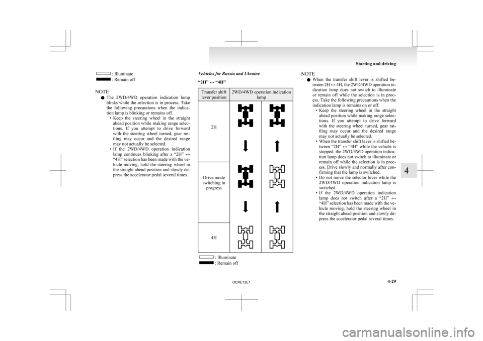 MITSUBISHI L200 2010 4.G Owners Manual : Illuminate
: Remain off
NOTE l The
2WD/4WD operation indication lamp
blinks while the selection is in process. Take
the following precautions when the indica-
tion lamp is blinking or remai MITSUBISHI L200 2010 4.G Owners Manual : Illuminate
: Remain off
NOTE l The
2WD/4WD operation indication lamp
blinks while the selection is in process. Take
the following precautions when the indica-
tion lamp is blinking or remai