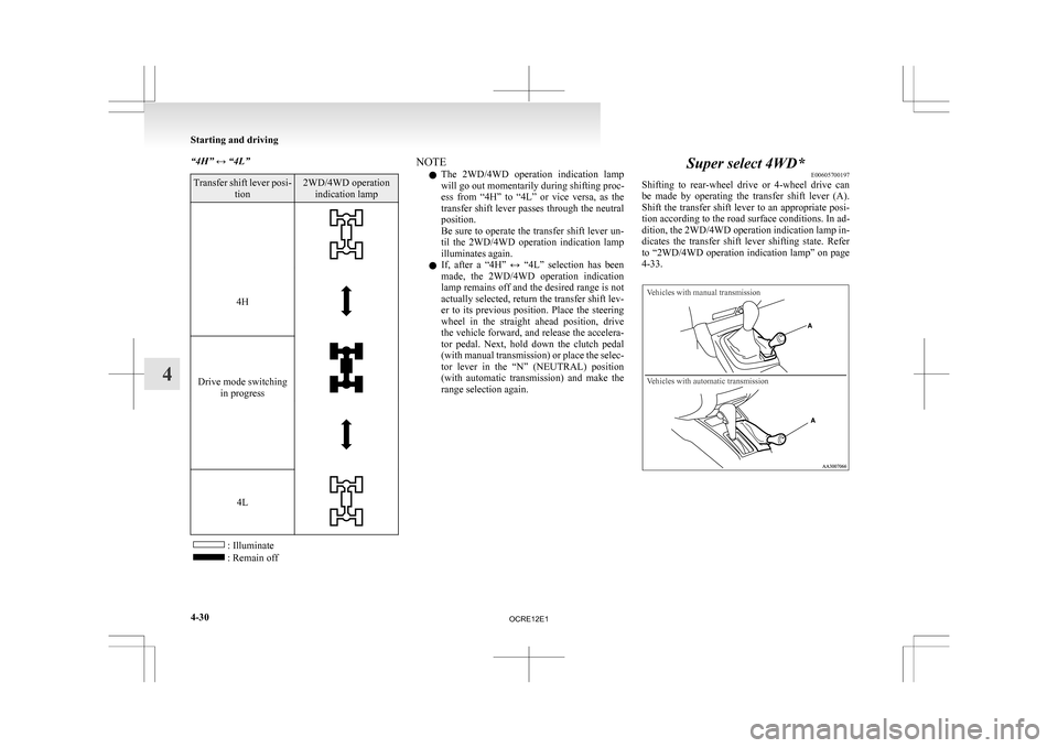 MITSUBISHI L200 2010 4.G Owners Manual “4H” ↔ “4L”
Transfer shift lever posi-
tion 2WD/4WD operation
indication lamp
4H
Drive mode switching
in progress
4L
: Illuminate
: Remain off NOTE
l The
2WD/4WD operation indication MITSUBISHI L200 2010 4.G Owners Manual “4H” ↔ “4L”
Transfer shift lever posi-
tion 2WD/4WD operation
indication lamp
4H
Drive mode switching
in progress
4L
: Illuminate
: Remain off NOTE
l The
2WD/4WD operation indication