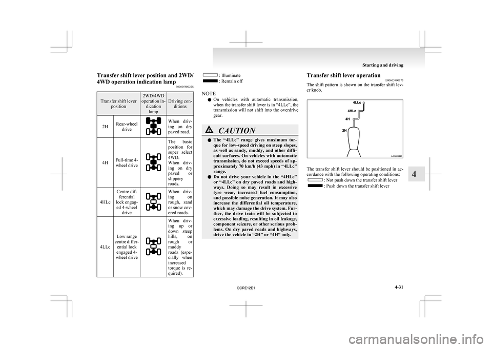 MITSUBISHI L200 2010 4.G Owners Manual Transfer shift lever position and 2WD/
4WD operation indication lamp
E00605800228Transfer shift lever
position 2WD/4WD
operation in- dicationlamp Driving con-
ditions
2H Rear-wheel
drive When  driv-
i