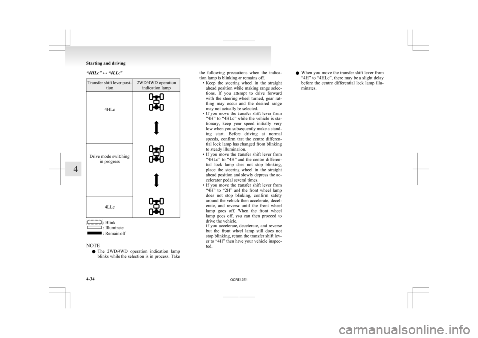 MITSUBISHI L200 2010 4.G Owners Manual “4HLc” ↔ “4LLc”
Transfer shift lever posi-
tion 2WD/4WD operation
indication lamp
4HLc
Drive mode switching
in progress
4LLc
: Blink
: Illuminate
: Remain off
NOTE l The
2WD/4WD operat MITSUBISHI L200 2010 4.G Owners Manual “4HLc” ↔ “4LLc”
Transfer shift lever posi-
tion 2WD/4WD operation
indication lamp
4HLc
Drive mode switching
in progress
4LLc
: Blink
: Illuminate
: Remain off
NOTE l The
2WD/4WD operat