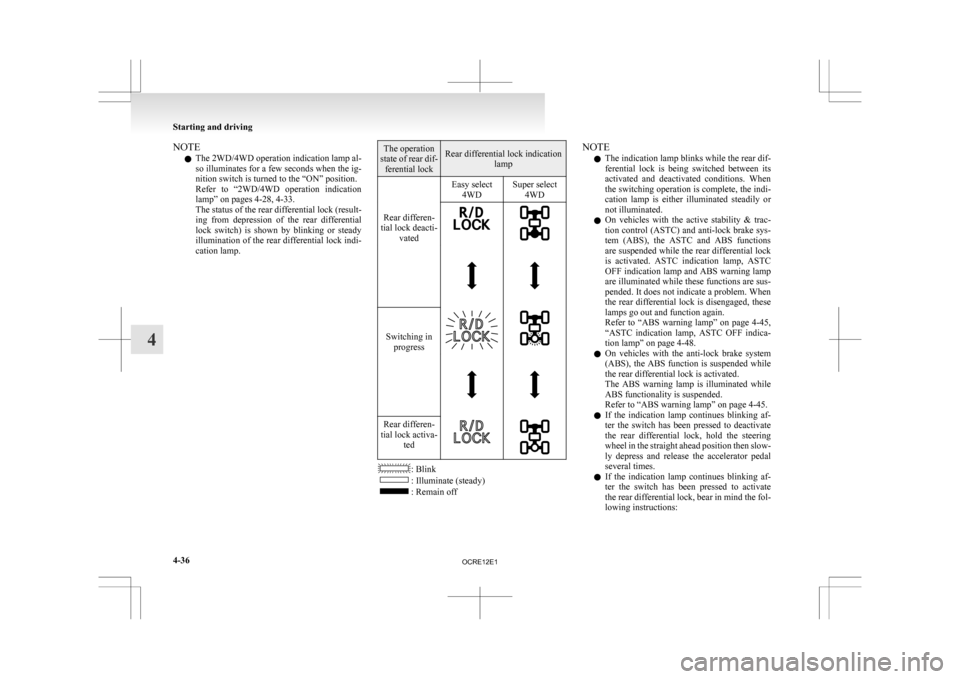 MITSUBISHI L200 2010 4.G Owners Manual NOTE
l The 
2WD/4WD operation indication lamp al-
so illuminates for a few seconds when the ig-
nition switch is turned to the “ON” position.
Refer  to  “2WD/4WD  operation  indication
lamp” o