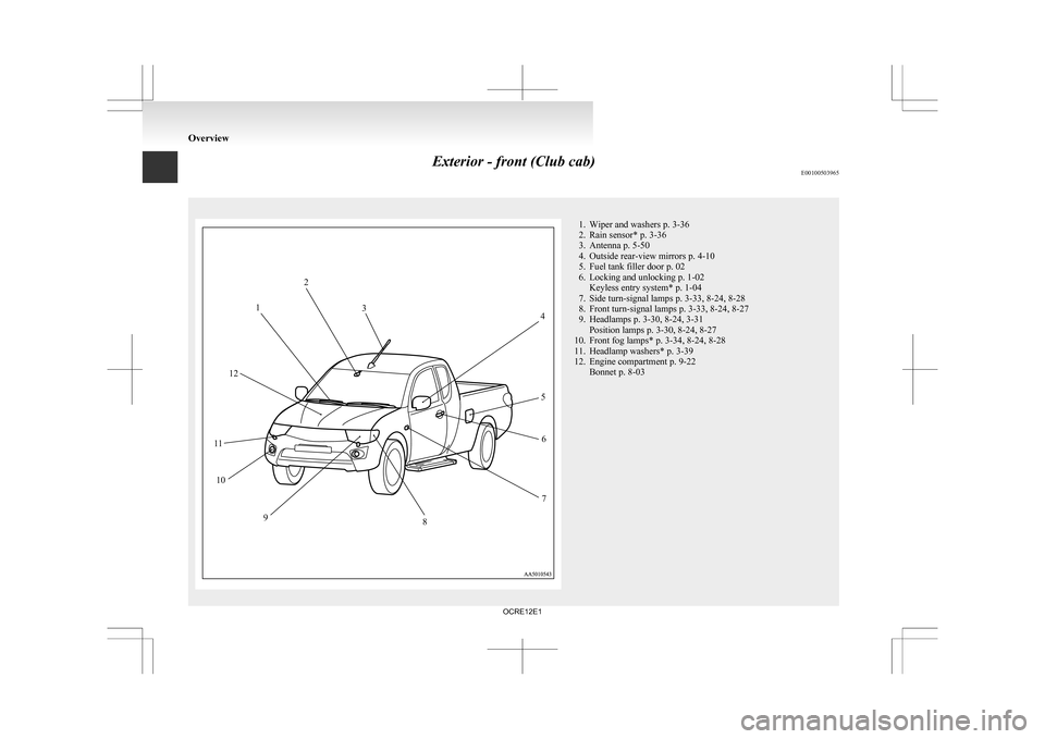 MITSUBISHI L200 2010 4.G Owners Manual Exterior - front (Club cab)
E00100503965 1. Wiper and washers p. 3-36
2.
Rain sensor* p. 3-36
3. Antenna p. 5-50
4. Outside rear-view mirrors p. 4-10
5. Fuel tank filler door p. 02
6. Locking and unlo