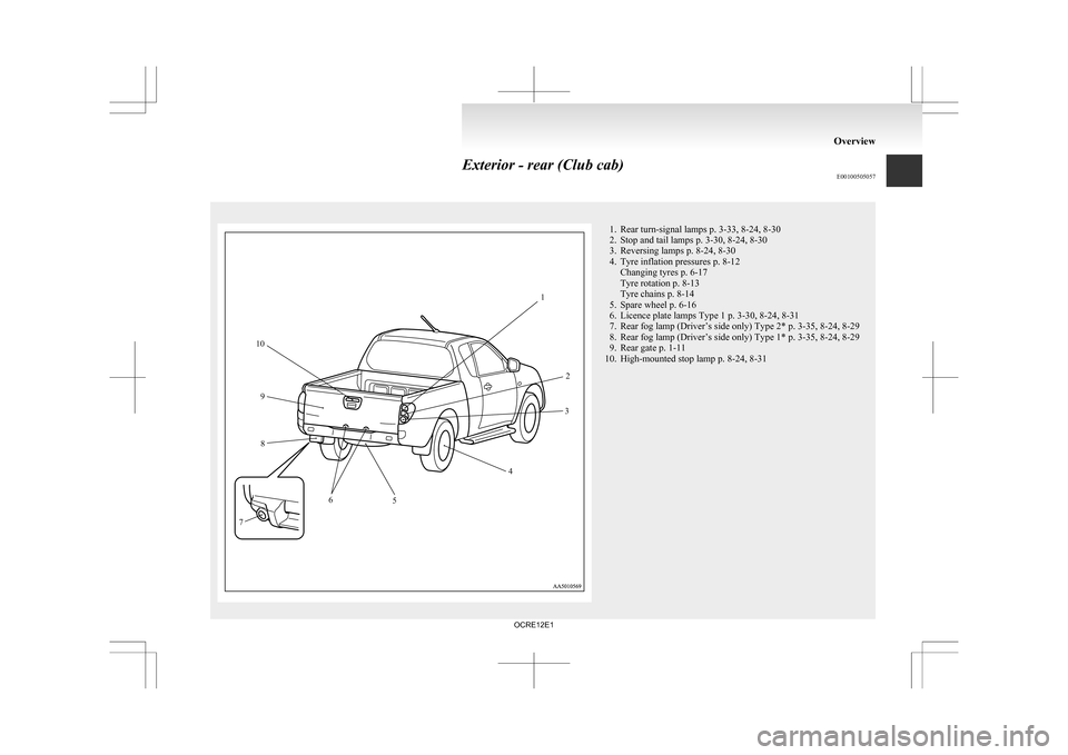 MITSUBISHI L200 2010 4.G User Guide Exterior - rear (Club cab)
E00100505057 1. Rear turn-signal lamps p. 3-33, 8-24, 8-30
2.
Stop and tail lamps p. 3-30, 8-24, 8-30
3. Reversing lamps p. 8-24, 8-30
4. Tyre inflation pressures p. 8-12 Ch